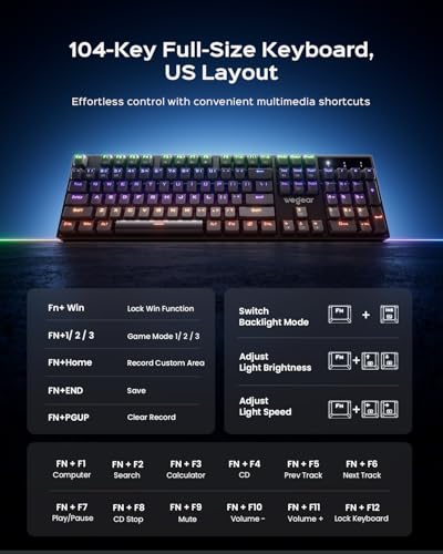 wegear Mechanical Gaming Keyboard with Clicky Switch, 104-Key Full Size RGB Backlit Wired Keyboard（11 Modes, Anti-Ghosting, Double-Shot ABS Keycaps, Lighted Computer Key-Board for PC Windows-Black