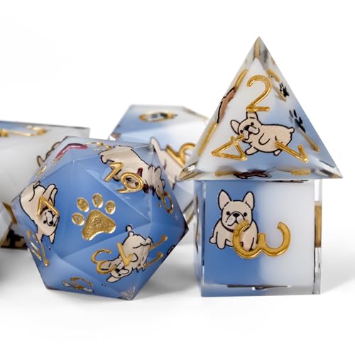 Poodle 7Pcs DND Dice Set,Sharp Edge Dog Resin Dice for RPG MTG | Polyhedral DND Dice,Smooth Polished Surface,Ideal Gift For Tabletop Role Playing Game Lovers Adults Women Men Teens - color: Blue and White, style: French Bulldog