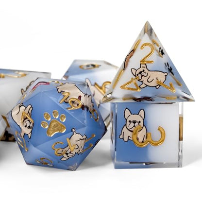Poodle 7Pcs DND Dice Set,Sharp Edge Dog Resin Dice for RPG MTG | Polyhedral DND Dice,Smooth Polished Surface,Ideal Gift For Tabletop Role Playing Game Lovers Adults Women Men Teens - color: Blue and White, style: French Bulldog