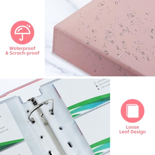 BYSTER A4 Business Card Organizer, PU Leather Card Binder with 30 Pack Sleeves (600 Pockets), Business Card Holder Book for Credit Cards, Membership Cards, and More - Pink - color: Pink