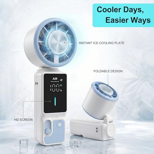 Portable Handheld Fan, 100-Speed Turbo Rechargeable Mini Fan | 3-in-1 Wearable Foldable Fan with Ice Compress Cooling. Ideal for Travel, Outdoor, Office. Compact & Long Battery Life. - color: White&Blue