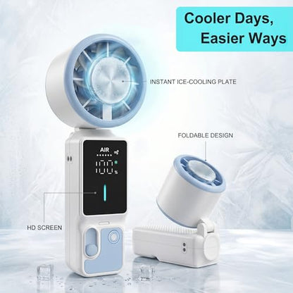 Portable Handheld Fan, 100-Speed Turbo Rechargeable Mini Fan | 3-in-1 Wearable Foldable Fan with Ice Compress Cooling. Ideal for Travel, Outdoor, Office. Compact & Long Battery Life. - color: White&Blue