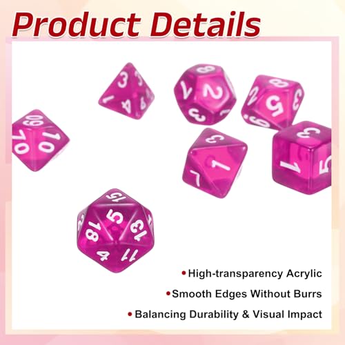 uxcell Polyhedral Dice Set, 7 Pcs Acrylic Dice for Role Playing Table Games Tabletop Gaming Accessories, Transparent Rose Red - color: Transparent Rose Red
