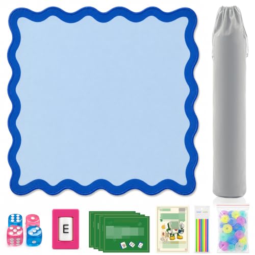 Complete Mahjong Mat Set, 32.4"x32.4" Blue Scalloped Edge Table Cover, Non-Slip & Noise Reduction Gaming Mat with Carrying Bag, Rules, Chips, Wind Marker for Poker & Board Games - color: Blue-set