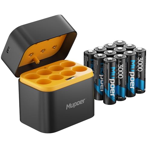 Mupoer 12 Pack Rechargeable AA Batteries Lithium with Charger,3000mWh 1.5V AA Lithium Blink Batteries,Double A Battery Rechargeable,Long Lasting Pilas Recargables Lithium ion AA Battery for Xbox - size: 3000mWh 12AA