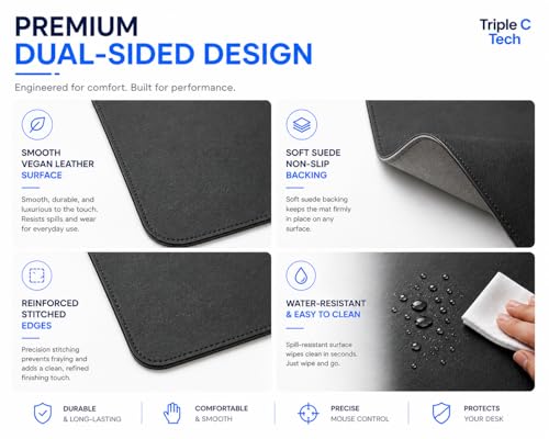 PU Leather Desk Mat, Large Extended Mouse Pad with Stitched Edges, Waterproof Non-Slip Desk Pad for Home Office Gaming Desk (Black, 35.5x17.4) - color: Black, size: 35.5" x 17.4"