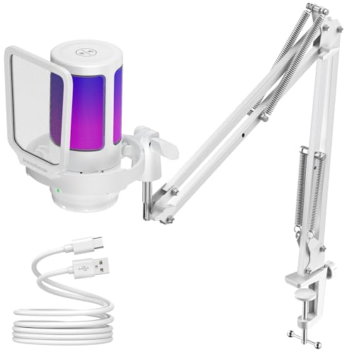 InnoGear Gaming USB Microphone, Noise Cancellation Condenser Mic with Mute, Gain, RGB Indicator, Boom Arm Stand for Streaming, Podcast, Twitch, YouTube, Discord, PC, Computer, PS4, PS5, Mac, White - color: White