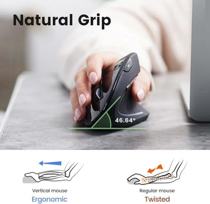 Perixx PERIMICE-813B Bluetooth Vertical Mouse - Wireless 3-in-1 Multi-Device Technology - Travelling Carry Bag - Black - Right Handed - style: Bluetooth