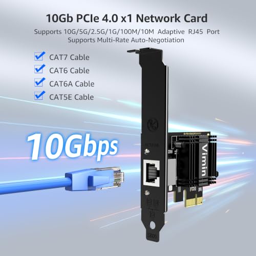 VIMIN 10G PCIe 4.0 x1 Network Card with Realtek RTL8127AT | support for 10G/5G/2.5G/1G/100M speeds，x1, x4, x8, and x16 PCIe slots for maximum installation flexibility