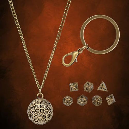 Mini DND Dice Set with Spherical 100-Sides Metal Cage Portable Keychain Necklace, Tiny 7pcs Polyhedral D&D Dice Set, DND Gifts with Gift Box, D&D Accessories for RPG, Bronze