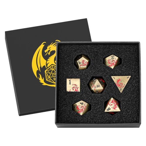 Metal Dice Set, Flat Face Design Dragon Pattern, 7pcs Polyhedral Metal DND Dice Set, DND Starter Set, D&D Gifts with Gift Box, Role Playing Board Games Accessories, Bronze - color: Bronze