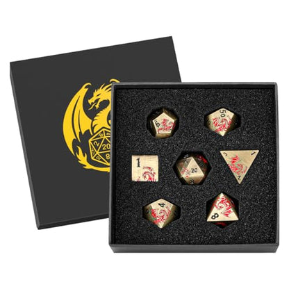 Metal Dice Set, Flat Face Design Dragon Pattern, 7pcs Polyhedral Metal DND Dice Set, DND Starter Set, D&D Gifts with Gift Box, Role Playing Board Games Accessories, Bronze - color: Bronze