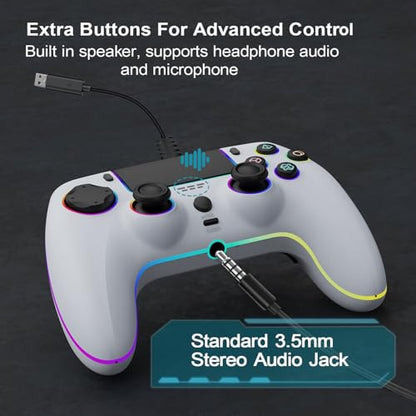 RGB Wired Game Controller for PlayStation 5 Replacement Gamepad with Hall Effect Trigger for PS-5 & Windows PC Double Vibration Motion Sensing Joystick Remote Joypad with Turbo,Macro Mapping (White) - color: White