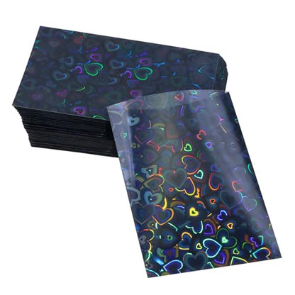 ONLYKXY 100pcs Soft Clear Plastic Heart Glitter Bag Storage Pouch Laser Sleeve Cover Pocket Holder Holographic Photo Protector Top Loader for 3in Trading Card Coin Jewelry (Black) - color: Black