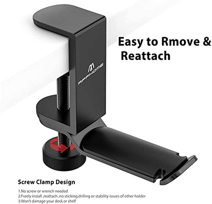 Under Desk Headphone Stand - 360 Degree Rotating Aluminum PC Gaming Headset Holder with Cable Organizer, Adjustable Screw Clamp Hanger for Heavy Headphones, VR Glasses & Bags, Universal Fit