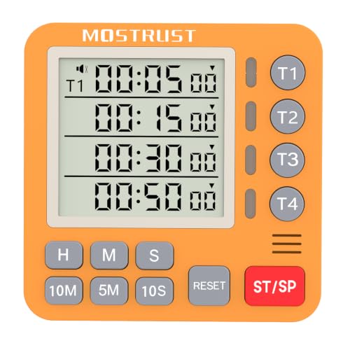 Digital Dual Kitchen Timer, Multiple Channels Countdown Timer for Cooking, Magnetic Memory-Preset Large Display Adjustable Alarm Volume, 3A Battery Included (Orange, 4 Channels) - color: Orange