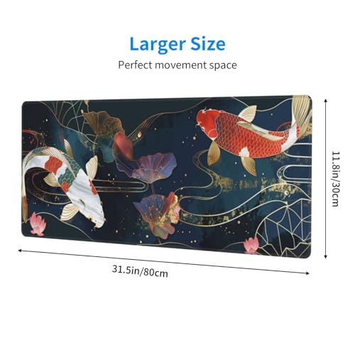 Gaming Mouse Pad Desk Pad,Extended Big Mouse Pad,31.5x11.8 Inch Long Computer Keyboard Mouse Mat Mousepad with 3mm Non-Slip Base and Stitched Edge for Gaming and Office… (koi) - color: Koi