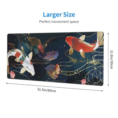 Gaming Mouse Pad Desk Pad,Extended Big Mouse Pad,31.5x11.8 Inch Long Computer Keyboard Mouse Mat Mousepad with 3mm Non-Slip Base and Stitched Edge for Gaming and Office… (koi) - color: Koi