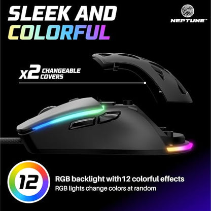 Neptune Blade Ergonomic Lightweight LED Gaming Mouse | Wired USB Corded Mouse with Backlight Effects (Black)