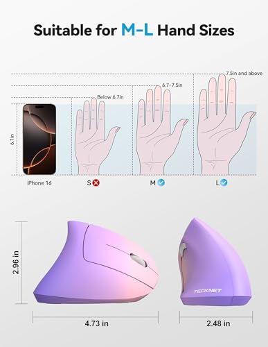 TECKNET Ergonomic Mouse Wireless, Rechargeable Vertical Mice Right Hand | Bluetooth+2.4G, Multi Device, 4800 DPI Adjustable, Optical Carpal Tunnel Mouse for Laptop, PC, Computer, MacBook, Pink Purple - color: Pink Purple