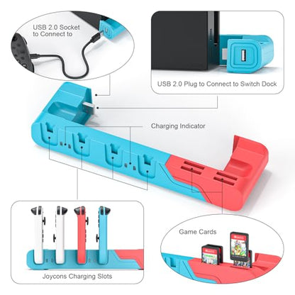 Switch Controller Charging Dock Compatible With Nintendo Switch & Switch OLED Model Joycons, Charging Station For Up To 6pcs Joycon With Game Card Storage (Red+Blue) - color: Red＆Blue