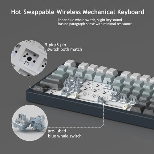 MageGee LIGHT75 Wireless Creamy Keyboard, Tri-Mode Bluetooth/2.4GHz/USB-C RGB Backlit, Gasket Hot Swappable Custom Gaming Keyboard for Win/Mac/PC, with Knob, Side Printed PBT Keycaps, Black - color: Black/Blue Whale Switch