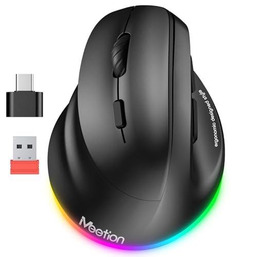 MEETION Left-Handed Ergonomic Mouse,Vertical RGB Mouse, Bluetooth 5.2 & 3.0 + 2.4G USB-A with USB-C Adapter, 4 Adjustable DPI Rechargeable Wireless Mouse for Windows/Mac/PC/Tablet/Black - color: Black