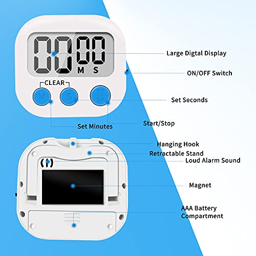 LinkDm 6 Pack Small Digital Kitchen Timer Magnetic Back and ON/Off Switch,Minute Second Count Up Countdown, White