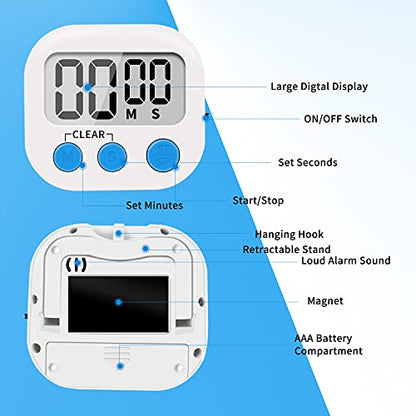 LinkDm 6 Pack Small Digital Kitchen Timer Magnetic Back and ON/Off Switch,Minute Second Count Up Countdown, White