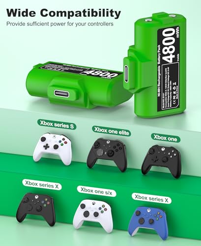 CYOYPPY Rechargeable Xbox Controller Battery Pack for Xbox One/Xbox Series X|S, 2 x 4800mWh Xbox One Controller Batteries Pack Play and Charge Kit with 4 Cover/Type-C - style: Play & Charge Kit green
