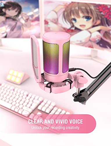 FIFINE USB Gaming PC Microphone for Streaming Podcasts, AmpliGame RGB Computer Condenser Desktop Mic, Cardioid Pattern for YouTube Video, Plug and Play on PS4 PS5, with Quick Mute, Mic Gain-A6V Pink - color: Pink