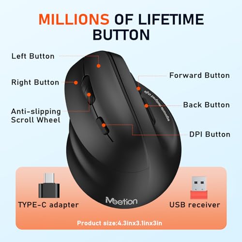 MEETION Left-Handed Ergonomic Mouse,Vertical RGB Mouse, Bluetooth 5.2 & 3.0 + 2.4G USB-A with USB-C Adapter, 4 Adjustable DPI Rechargeable Wireless Mouse for Windows/Mac/PC/Tablet/Black - color: Black
