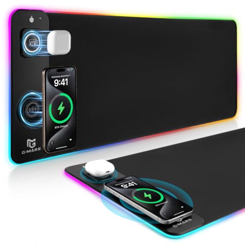 Gimars Upgrade 3 in 1 RGB Mouse Pad with 15W Magnetic Fast Wireless Charging, 31.5x11.8x0.16in Gaming Mousepad, 15 Color Modes, Waterproof Non-Slip XXL Desk Mat with Smooth Surface for Home Office PC - color: Black（3 in 1 RGB Wireles Charging)