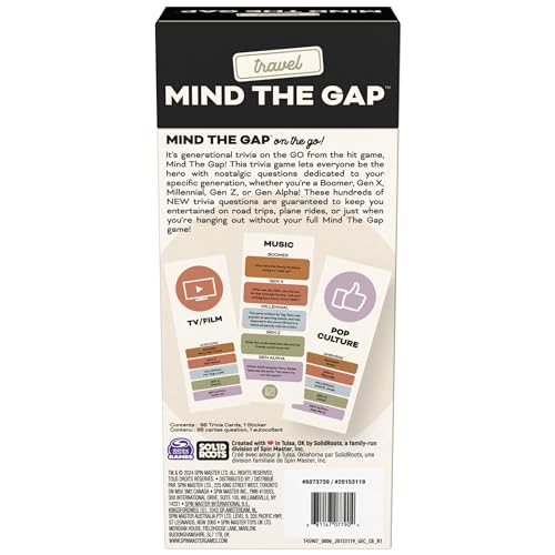 Spin Master Games, SolidRoots Mind the Gap Travel Edition, On-The-Go Trivia Game for the Generations, Family Game Night, Road Trip Activity, 2+ Players, for Ages 8 & Up