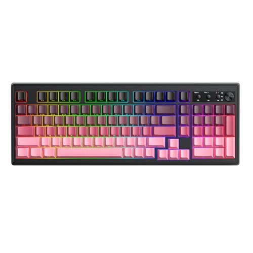 FREEWOLF K100 99 Keys Gaming Creamy Silent Wireless Keyboard with Media Knob,BT/2.4GHz/USB-C,Side Printed Keys RGB Backlit Number Pad,Retro Cute Membrane Computer Keyboard for PC/MAC-Gradient Pink - color: Gradient Pink