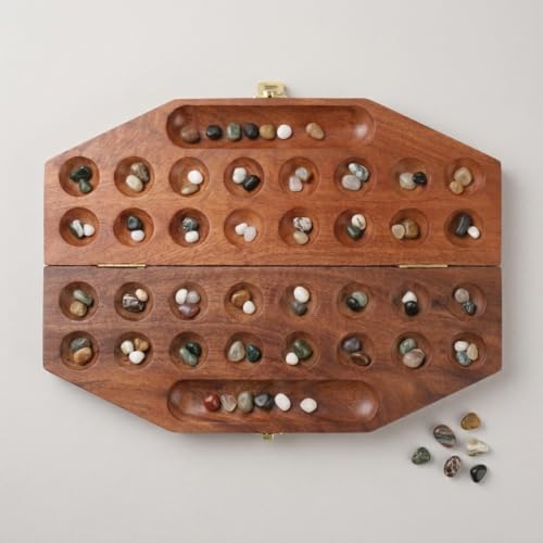 Ajuny Wooden Mancala Board Game Folding Travel Set with 96 Stones 2 Player | Traditional Counting Strategy Activity for Children Grownups Family Nights Educational Entertainment Birthday Holiday Present - size: 14 Inch