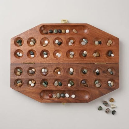 Ajuny Wooden Mancala Board Game Folding Travel Set with 96 Stones 2 Player | Traditional Counting Strategy Activity for Children Grownups Family Nights Educational Entertainment Birthday Holiday Present - size: 14 Inch