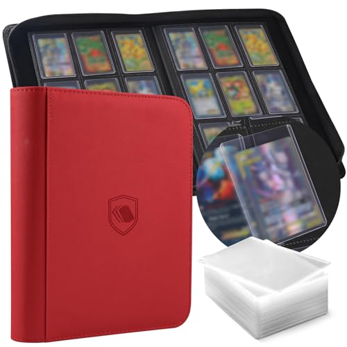Toploader Binder, Holds 360 Toploaders, 100 Toploaders INCLUDED, 9-Pocket PU Cover Top Loader Binder for 3" x 4" Rigid Toploader, Ringless Double-Sided Toploader Card Binder for TCG, Sport Cards - color: Red, size: 9 Pocket