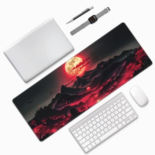 Extended Gaming Mouse Pad, Large Desk Mat XL Anime Mouse Pad Waterproof with Stitched Edges, Non-Slip Desktop Pad for Home and Office, Level Up Your 31.5x11.8 Inch (Darkness Red Moon3) - color: Darkness Red Moon3