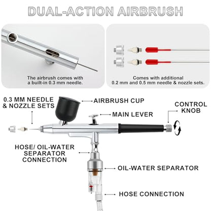 Roizefar Airbrush Kit with Compressor, 55 PSI Gun with Cleaners & Nozzles | 4x3.38 fl oz Cleaner, 0.2/0.3/0.5mm Nozzles, Cleaning Brush, Non-Clogging, for Painting, Modeling, Nail Art, Makeup, DIY