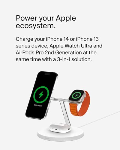 Belkin MagSafe 3 in 1 Wireless Charging Stand, 2nd Gen, 33% Faster | Apple Watch, iPhone 16/15/14, AirPods compatible, multi-device charging station, faster charging, Magnetic - color: White, style: Chrome Finish
