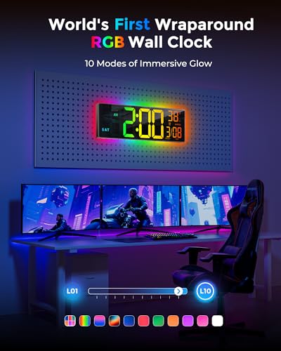 EASYERA 16.5" Large Digital Wall Clock with BT Sync, 11 RGB Lights | 11 Scenes Mode Remote Control, Big LED Clock with Dual Alarms, Auto DST, Temperature for Classroom Gaming - size: 15.98 inches, style: Modern