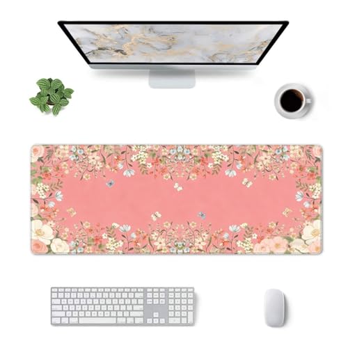 Large Gaming Mouse Pad Desk Mat, Pink Girly Floral Extended Keyboard Mouse Pad Mousepad with Non-Slip Base and Stitched Edge Mouse Mat Desk Pad Mouse Pads for Desk Home Office, 31.5 x 11.8 - color: Girly Floral Pink