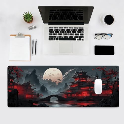 Gaming Mouse Pad, Large Desk Mat, Japanese XL Extended Big Mousepad with Non-Slip Rubber Base Stitched Edges, Laptop Computer Keyboard Mat, Office&Home, 31.5x11.8in - color: Red Moon