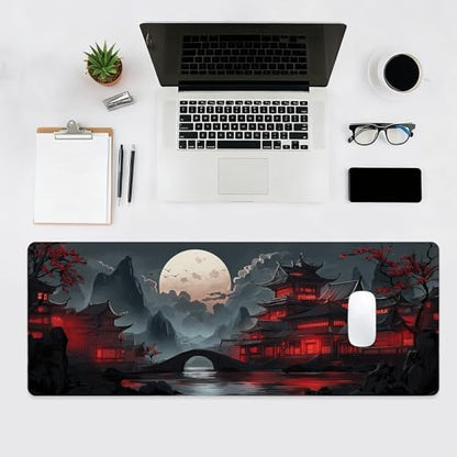 Gaming Mouse Pad, Large Desk Mat, Japanese XL Extended Big Mousepad with Non-Slip Rubber Base Stitched Edges, Laptop Computer Keyboard Mat, Office&Home, 31.5x11.8in - color: Red Moon