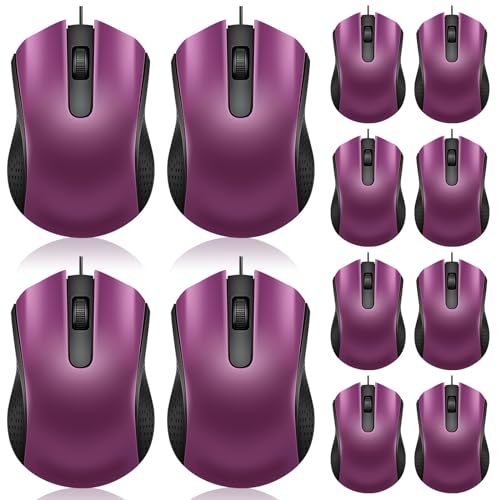 Hoteam 12 Pcs Purple Wired Computer Mouse Bulk Cord USB Computer Mice Ergonomic Wired Mouse for Pcs, Computers, Laptops, Gaming Office Home Supplies - color: Purple