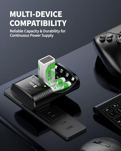 EBL Rechargeable AAA Batteries with Charger with AC Plug for AA/AAA/9V | Mercury-Free, 1200 Cycles, Charger with AC plug, 8 AAA batteries. Also charges 9V. Ideal for remotes, toys, flashlights