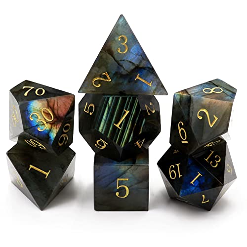 Haxtec Moonstone Dice Labradorite Gemstone Polyhedral DND Dice Set with Premium Dice Case Compatible with Dungeons and Dragons Role Playing Board Games D&D Gift - color: Black Blue Green