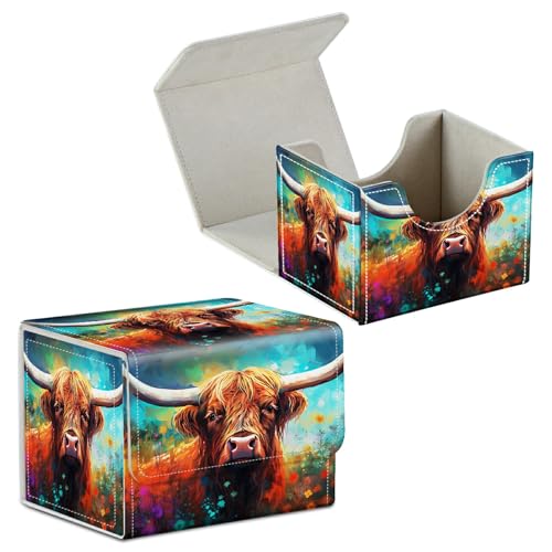 Card Deck Box for Trading Cards Commander Deck Box Card Storage Box with Strong Magnet Magic Premium Gathering Deck Box Cover for TCG CCG Magic Cards,Highland Cow And Flowers - color: Highland Cow And Flowers, size: A Card Case