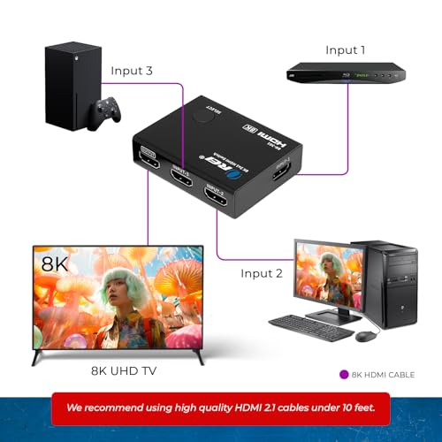 OREI 8K 3-Port HDMI 2.1 Switch, 3-in 1-Out, 8K@60Hz, CEC, HDR, IR Remote | hdmi switch with remote, hdmi switcher 3 in 1 out, 48Gbps, HDCP 2.3, 4K@120Hz/165Hz, PS5/Xbox - size: 3x1 8K HDMI Switch